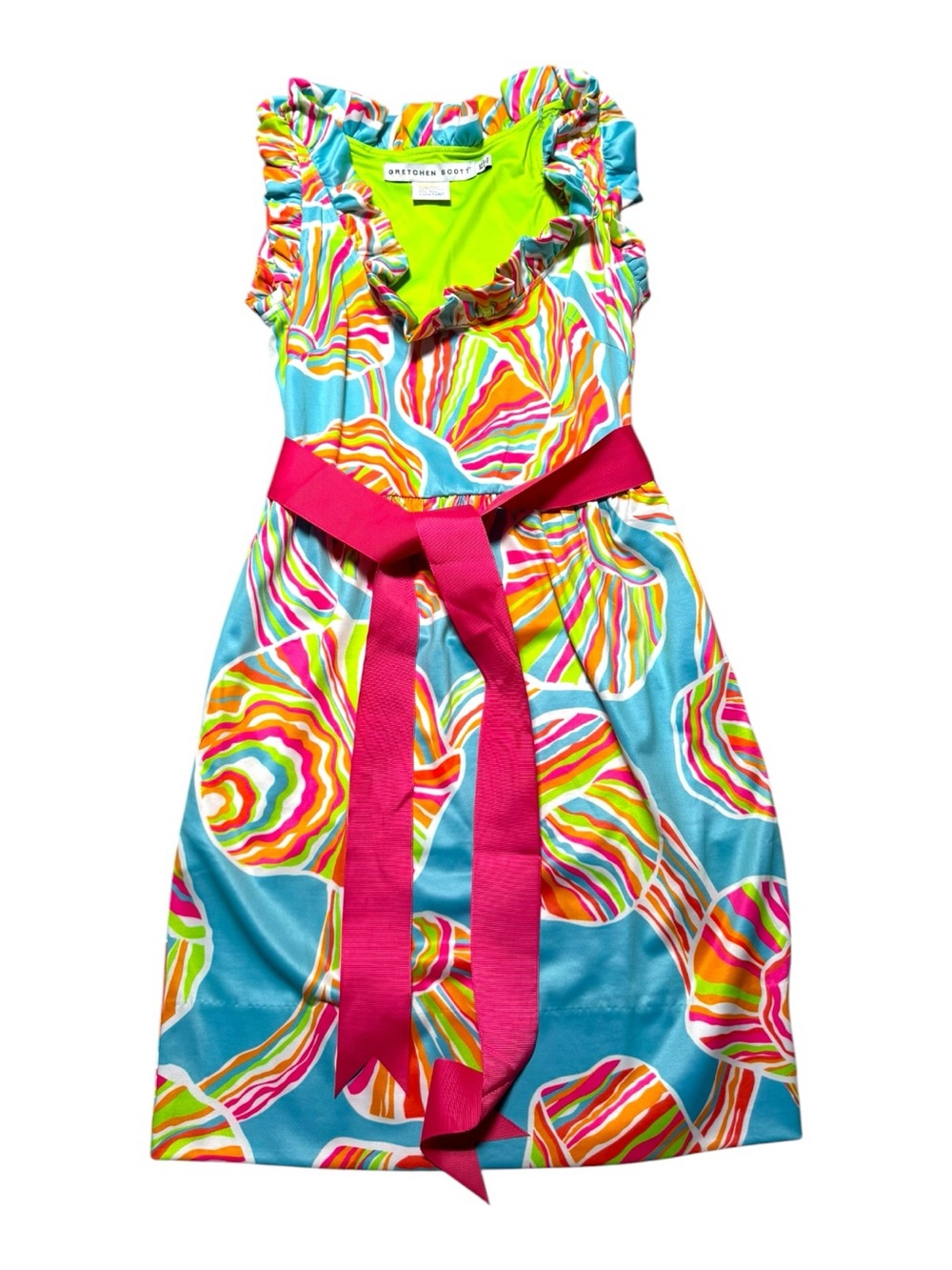 Gretchen Scott Women’s Dress XS Tropical Stretchy Ruffle Neck Beachy Preppy